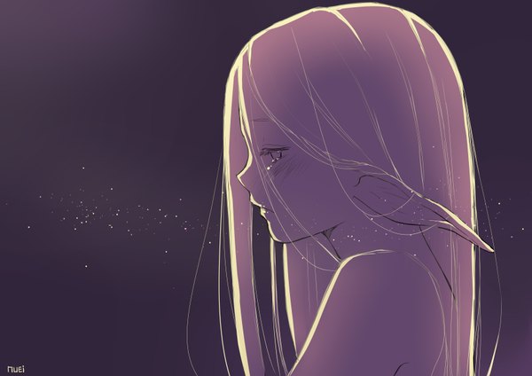 Anime picture 3507x2480 with original nuei single long hair highres bare shoulders looking away absurdres profile pointy ears tears close-up elf purple background girl