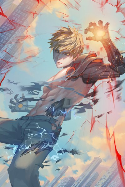 Anime picture 1377x2065 with one-punch man madhouse genos shou shizuku (deme) single tall image looking at viewer fringe short hair blonde hair yellow eyes outdoors arm up lips torn clothes muscle serious black sclera superhero boy