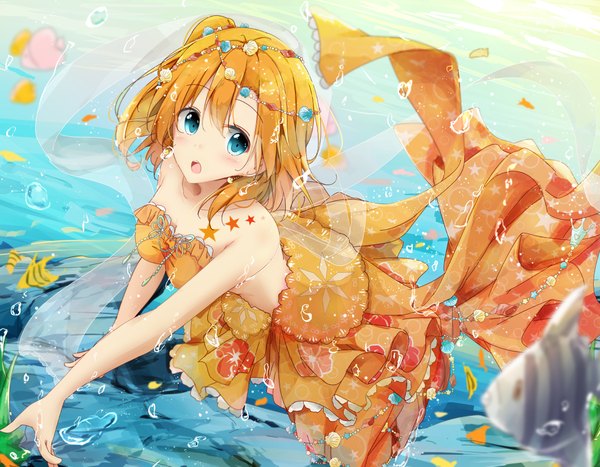 Anime picture 1140x888 with love live! school idol project sunrise (studio) love live! kousaka honoka kurottari single looking at viewer blush fringe short hair open mouth blue eyes hair between eyes orange hair :o tattoo one side up outstretched arm underwater asymmetrical hair