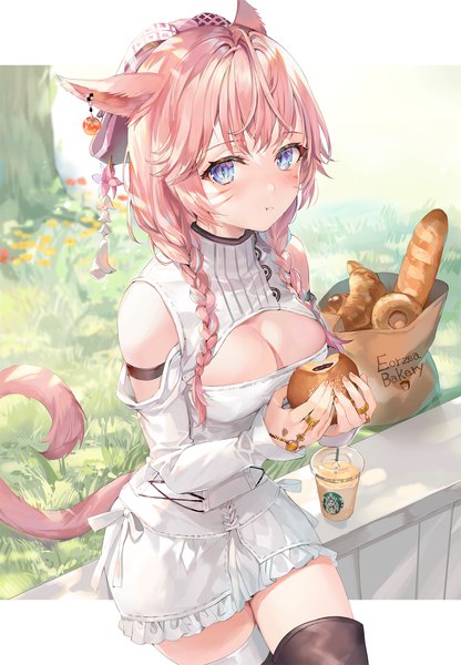 Anime picture 1000x1441 with final fantasy final fantasy xiv square enix starbucks miqo'te momoko (momopoco) single long hair tall image looking at viewer blush fringe breasts blue eyes light erotic large breasts sitting bare shoulders holding animal ears