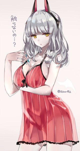 Anime picture 700x1316 with fate (series) fate/grand order carmilla (fate) shijima (sjmr02) single long hair tall image blush fringe breasts light erotic large breasts bare shoulders signed yellow eyes looking away silver hair blunt bangs nail polish parted lips
