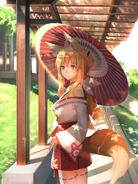 Anime picture 1124x1500 with original kamisakai single long hair tall image fringe blonde hair smile standing bare shoulders holding animal ears payot looking away tail long sleeves traditional clothes japanese clothes animal tail sunlight