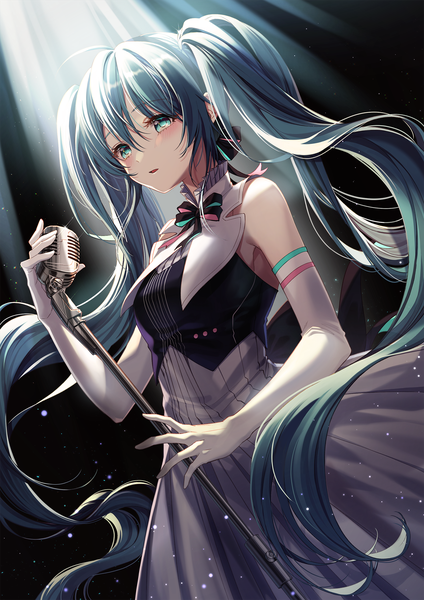 Anime picture 1500x2122 with vocaloid miku symphony (vocaloid) hatsune miku kiwi (pixiv6429539) single long hair tall image looking at viewer blush fringe open mouth simple background hair between eyes standing twintails holding ahoge aqua eyes aqua hair from below
