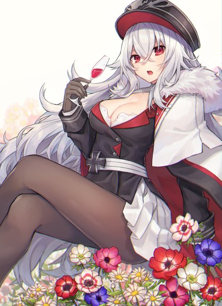 Anime picture 859x1185 with azur lane graf zeppelin (azur lane) coyucom single long hair tall image looking at viewer blush fringe breasts open mouth light erotic simple background hair between eyes red eyes white background holding cleavage silver hair long sleeves