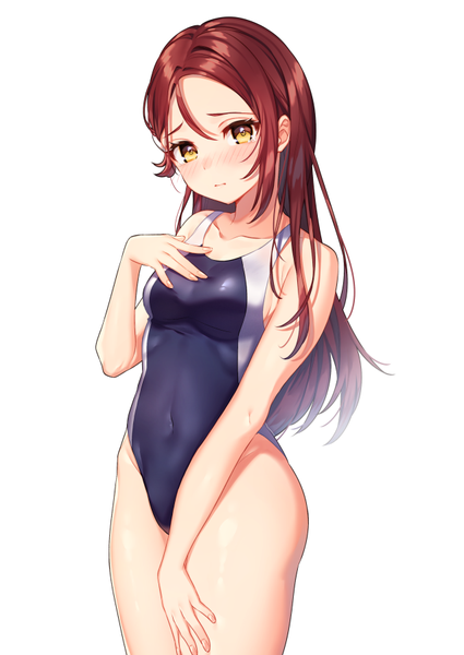 Anime picture 637x900 with love live! sunshine!! sunrise (studio) love live! sakurauchi riko moyui (myi 005) single long hair tall image looking at viewer blush fringe breasts open mouth light erotic simple background hair between eyes standing white background bare shoulders yellow eyes