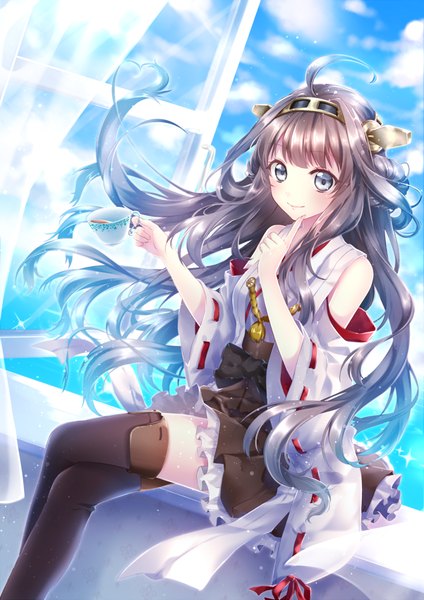 Anime picture 601x850 with kantai collection kongou battleship riichu single long hair tall image blush black hair smile sky cloud (clouds) ahoge traditional clothes sunlight grey eyes crossed legs sunbeam nontraditional miko girl thighhighs