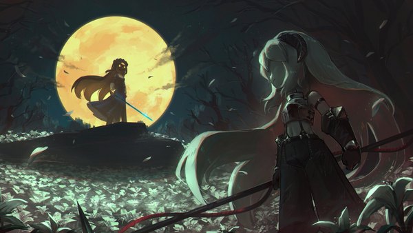 Anime picture 3200x1800 with original porforever long hair highres brown hair wide image multiple girls holding yellow eyes white hair horn (horns) wind night midriff glowing glowing eye (eyes) pale skin fantasy field wind lift