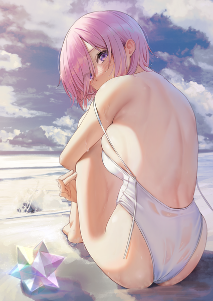 Anime picture 2150x3035 with fate (series) fate/grand order mash kyrielight solar (happymonk) single tall image looking at viewer blush fringe highres short hair light erotic sitting purple eyes pink hair sky cloud (clouds) full body outdoors ass