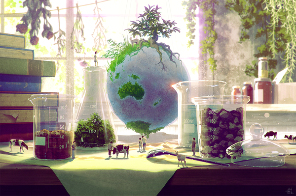 Anime picture 1100x733 with original mocha (cotton) standing signed full body blurry minigirl surreal miniboy girl boy plant (plants) animal tree (trees) window book (books) grass table stone (stones) planet