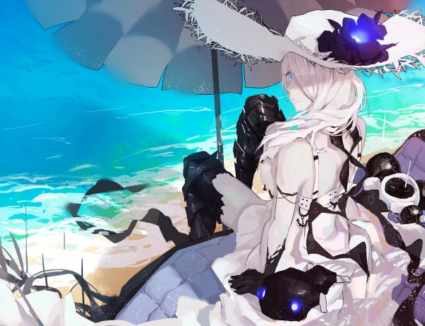 Anime picture 1200x922 with kantai collection seaport summer hime kuroduki (pieat) single long hair tall image looking at viewer fringe breasts blue eyes smile large breasts white background sitting bare shoulders holding cleavage white hair looking back hair over one eye