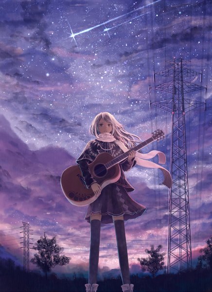 Anime picture 1092x1500 with original bounin single long hair tall image open mouth standing brown eyes looking away sky cloud (clouds) white hair from below shooting star girl thighhighs skirt black thighhighs plant (plants) tree (trees)