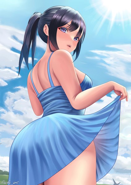 Anime picture 2481x3508 with original ronikx art single tall image looking at viewer blush fringe highres short hair breasts open mouth blue eyes light erotic black hair bare shoulders holding signed sky outdoors blunt bangs