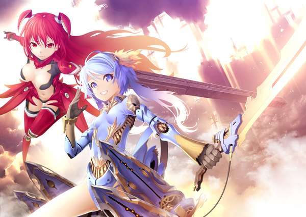 Anime picture 2000x1422 with original kunieda long hair highres blue eyes red eyes twintails multiple girls blue hair cleavage cloud (clouds) red hair grin arm cannon robot joints girl gloves navel weapon 2 girls