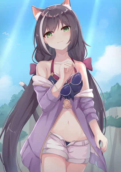 Anime picture 1416x2006 with princess connect! re:dive princess connect! karyl (princess connect!) touhourh single long hair tall image looking at viewer blush fringe black hair smile standing twintails bare shoulders holding green eyes animal ears payot sky