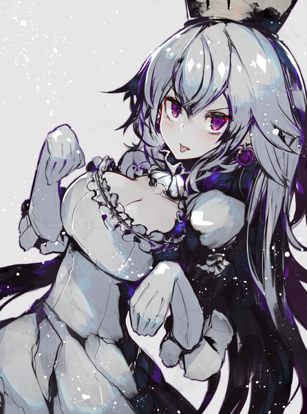 Anime picture 1625x2188 with super mario bros. new super mario bros. u deluxe princess king boo kusakanmuri single long hair tall image looking at viewer fringe breasts simple background hair between eyes purple eyes cleavage silver hair upper body grey background girl dress gloves