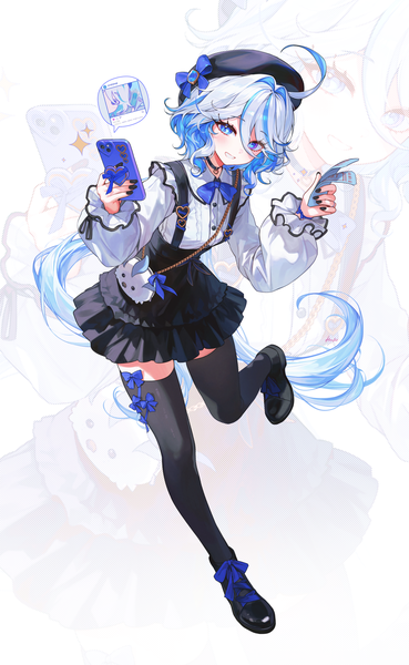 Anime picture 2536x4118 with genshin impact furina (genshin impact) handot (d yot ) single tall image looking at viewer fringe highres blue eyes hair between eyes standing silver hair full body ahoge very long hair nail polish multicolored hair two-tone hair standing on one leg colored inner hair