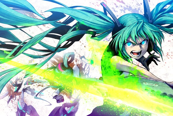 Anime picture 1265x852 with vocaloid hatsune miku ebizome long hair open mouth twintails bare shoulders very long hair aqua eyes aqua hair multiple persona crazy girl gloves