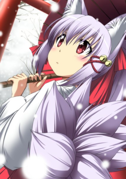 Anime picture 752x1062 with original nori tamago single tall image blush short hair red eyes animal ears silver hair tail animal tail fox ears fox tail fox girl multiple tails girl umbrella bell jingle bell