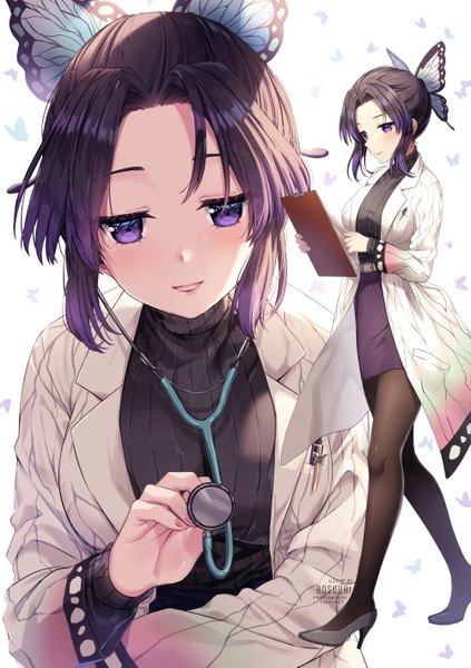 Anime picture 1000x1417 with kimetsu no yaiba ufotable kochou shinobu rosuuri tall image looking at viewer blush fringe short hair breasts open mouth black hair simple background smile standing white background purple eyes holding signed payot