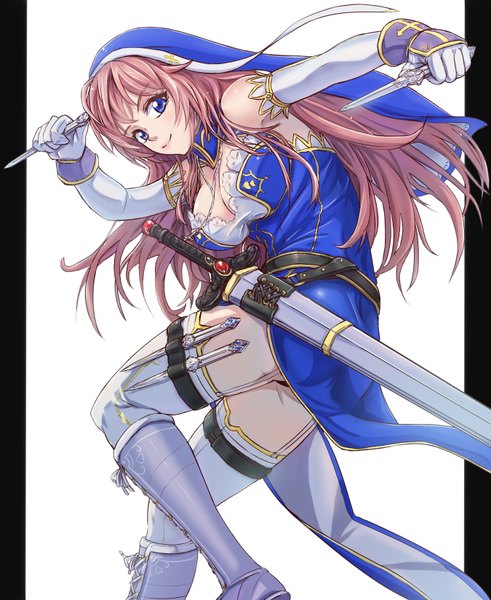 Anime picture 1350x1650 with original modern combat sister (tori@gununu) tori@gununu single long hair tall image blue eyes light erotic smile pink hair lace-up boots girl thighhighs dress gloves weapon white thighhighs sword elbow gloves boots