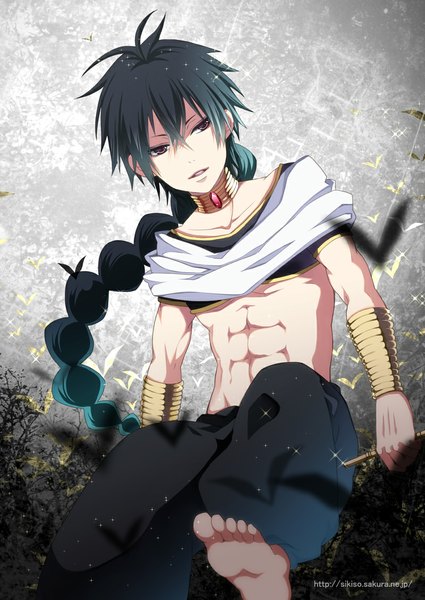 Anime picture 800x1130 with magi the labyrinth of magic a-1 pictures judal uzuro yuna single long hair tall image fringe black hair purple eyes holding looking away barefoot flying muscle glow boy jewelry arabian clothes rukh (magi)