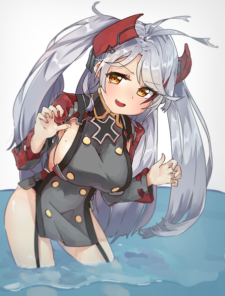 Anime picture 684x900 with azur lane prinz eugen (azur lane) sameya (ara7569) single long hair tall image looking at viewer blush fringe breasts open mouth light erotic simple background smile large breasts standing white background brown eyes payot silver hair