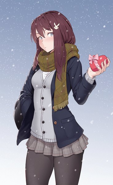 Anime picture 900x1470 with original cheshirrr single long hair tall image looking at viewer fringe blue eyes hair between eyes brown hair standing holding head tilt pleated skirt gradient background plaid skirt snowing hand in pocket :t pout