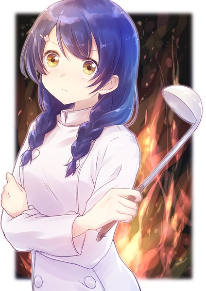 Anime picture 2894x4093 with shokugeki no soma j.c. staff tadokoro megumi nyaa (nnekoron) single long hair tall image looking at viewer highres yellow eyes blue hair upper body braid (braids) twin braids crossed arms chef girl uniform hairclip ladle