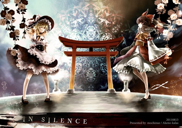 Anime picture 2000x1407 with touhou hakurei reimu kirisame marisa mochinu long hair highres black hair blonde hair red eyes multiple girls yellow eyes miko witch girl bow 2 girls hair bow detached sleeves witch hat torii