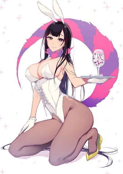 Anime-Bild 1103x1558 mit ane naru mono chiyo (ane naru mono) pochi (pochi-goya) single tall image fringe breasts light erotic black hair simple background large breasts white background purple eyes bare shoulders holding animal ears cleavage full body tail blunt bangs