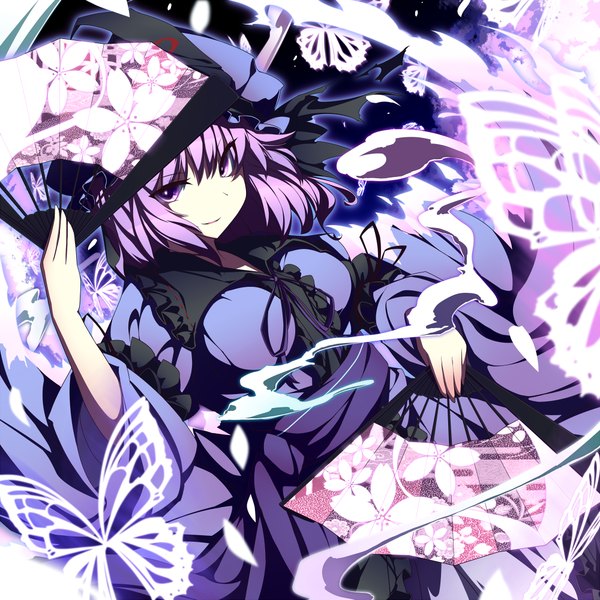 Anime picture 1000x1000 with touhou saigyouji yuyuko ugume single looking at viewer fringe short hair breasts smile purple eyes holding purple hair traditional clothes night wide sleeves glow smirk dancing girl dress