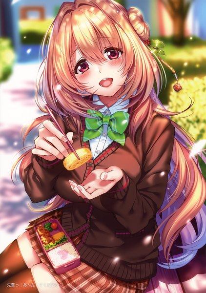 Anime picture 2532x3600 with hanikami kanojo hiiragi sano piromizu single long hair tall image looking at viewer blush fringe highres open mouth blonde hair smile hair between eyes red eyes sitting holding outdoors head tilt :d