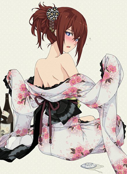 Anime picture 730x1000 with steins;gate white fox makise kurisu saipaco single tall image looking at viewer blush open mouth blue eyes light erotic brown hair sitting bare shoulders long sleeves traditional clothes japanese clothes looking back from behind embarrassed