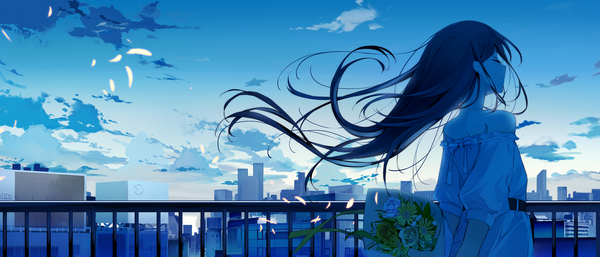 Anime picture 2795x1200 with original sutorora single long hair blush fringe highres black hair wide image standing bare shoulders sky cloud (clouds) outdoors eyes closed profile wind off shoulder city hands behind back