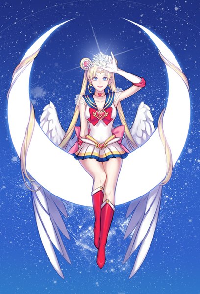 Anime picture 600x882 with bishoujo senshi sailor moon toei animation tsukino usagi sailor moon super sailor moon taru (swittaru) single tall image looking at viewer blue eyes blonde hair smile sitting twintails holding very long hair pleated skirt arm up night hair bun (hair buns)