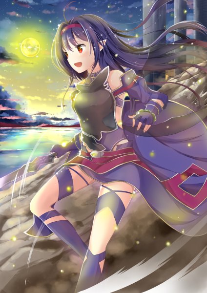 Anime picture 848x1200 with sword art online a-1 pictures yuuki (sao) konka single long hair tall image open mouth red eyes blue hair pointy ears girl gloves weapon detached sleeves sword hairband armor fingerless gloves moon