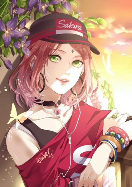 Anime picture 1748x2480 with naruto studio pierrot naruto (series) haruno sakura juni gen single tall image looking at viewer highres short hair holding green eyes pink hair parted lips light smile lips alternate costume shaded face forehead mark girl