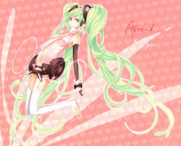 Anime picture 1000x810 with vocaloid vocaloid append hatsune miku hatsune miku (append) coma (fginiy) single twintails green eyes very long hair aqua hair midriff girl thighhighs gloves navel white thighhighs necktie elbow gloves headphones