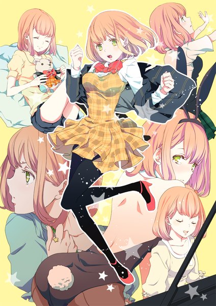 Anime picture 700x990 with uta no prince-sama a-1 pictures nanami haruka (uta no prince-sama) mofmofqueue tall image short hair open mouth light erotic blonde hair green eyes animal ears ass eyes closed profile tears fake animal ears multiview playing instrument girl uniform