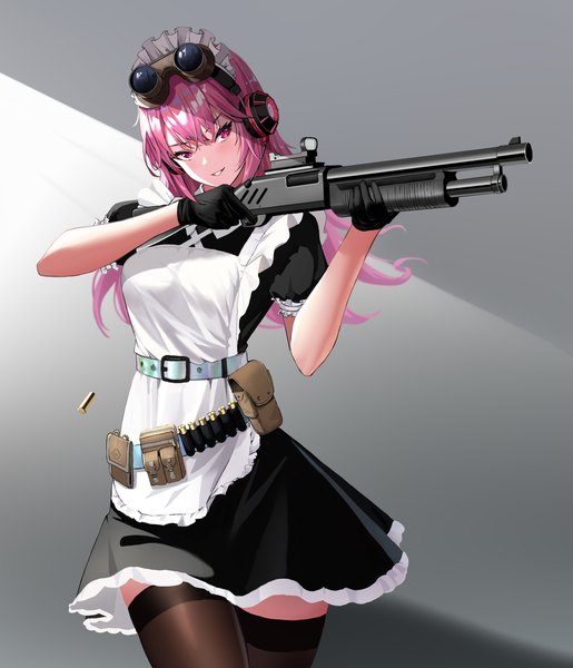 Anime picture 3049x3552 with original tari (aegr3883) single long hair tall image fringe highres simple background hair between eyes red eyes standing holding pink hair absurdres parted lips arms up maid fighting stance goggles on head girl
