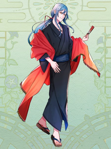 Anime picture 768x1024 with dairoku youhei ponponpananda single long hair tall image looking at viewer fringe smile hair between eyes holding yellow eyes payot blue hair full body traditional clothes head tilt japanese clothes off shoulder wide sleeves low ponytail