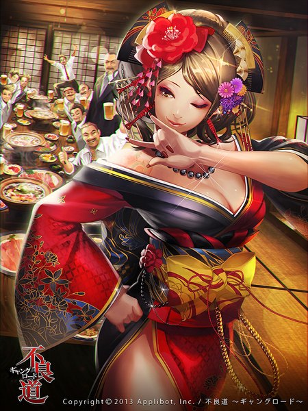 Anime picture 800x1067 with original ukero tall image short hair brown hair bare shoulders brown eyes traditional clothes japanese clothes one eye closed hair flower wink multiple boys mmm girl boy hair ornament flower (flowers) food kimono