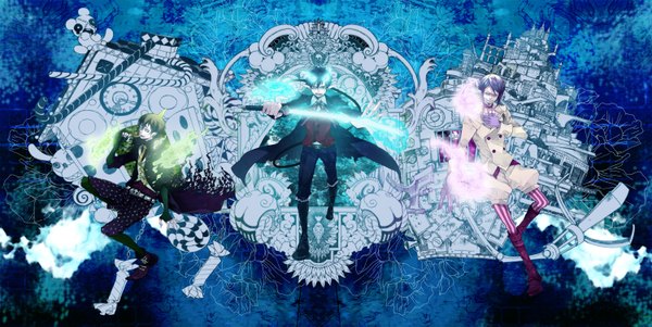 Anime picture 3000x1509 with ao no exorcist a-1 pictures okumura rin mephisto pheles amaimon am (pixiv) highres open mouth blue eyes black hair wide image purple hair ahoge fingernails green hair pointy ears teeth torn clothes glowing group
