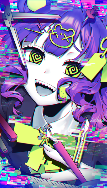 Anime picture 1429x2500 with vocaloid bug (vocaloid) kirisaki shuusei single tall image fringe short hair open mouth green eyes purple hair upper body :d from above teeth looking up sharp teeth @ @ girl bobby pin scissors