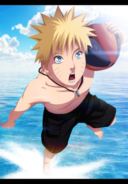 Anime picture 800x1147 with naruto studio pierrot naruto (series) uzumaki naruto tremblax single tall image short hair open mouth blue eyes blonde hair sky cloud (clouds) sunlight coloring facial mark letterboxed muscle whisker markings jinchuriki