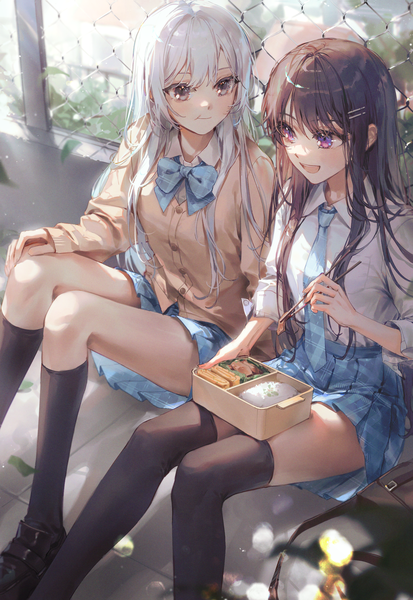 Anime picture 1696x2463 with original kellymonica02 long hair tall image blush fringe open mouth black hair smile hair between eyes sitting purple eyes multiple girls holding payot silver hair outdoors long sleeves :d pleated skirt