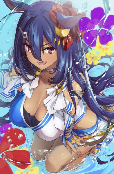 Anime picture 1178x1800 with umamusume hishi amazon (umamusume) thomasz single tall image looking at viewer fringe breasts open mouth light erotic smile hair between eyes red eyes animal ears blue hair cleavage tail very long hair :d animal tail