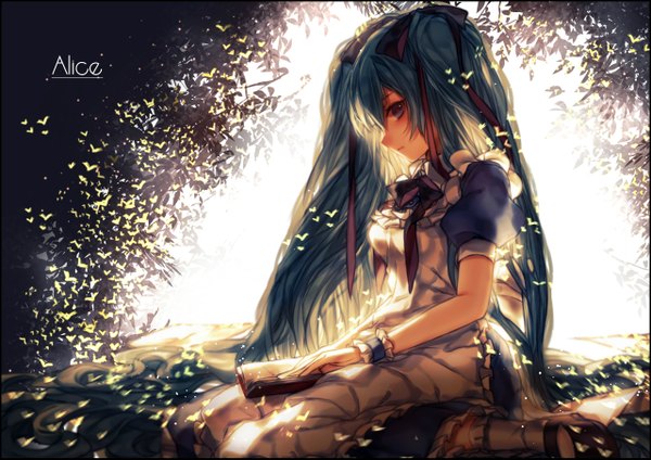 Anime picture 1280x905 with vocaloid alice in musicland (vocaloid) hatsune miku yasiromann single looking at viewer sitting twintails very long hair aqua eyes aqua hair wariza backlighting girl dress ribbon (ribbons) hair ribbon book (books) apron wrist cuffs