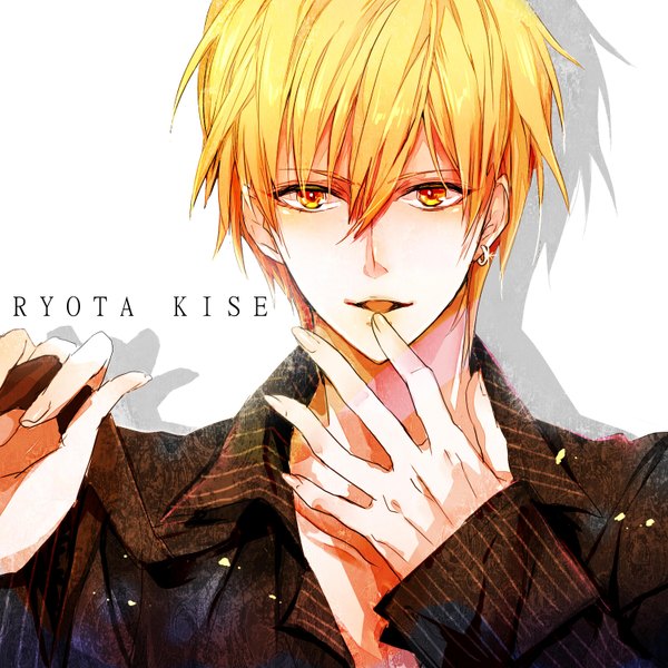 Anime picture 1500x1500 with kuroko no basket production i.g kise ryouta serinavvv single fringe short hair open mouth blonde hair hair between eyes yellow eyes shadow character names piercing finger to mouth boy earrings tongue jewelry suit