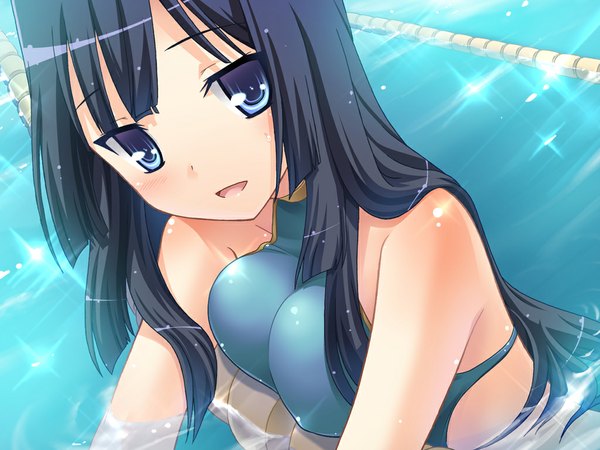Anime picture 1024x768 with famima! (game) long hair blue eyes light erotic black hair game cg breast press girl swimsuit